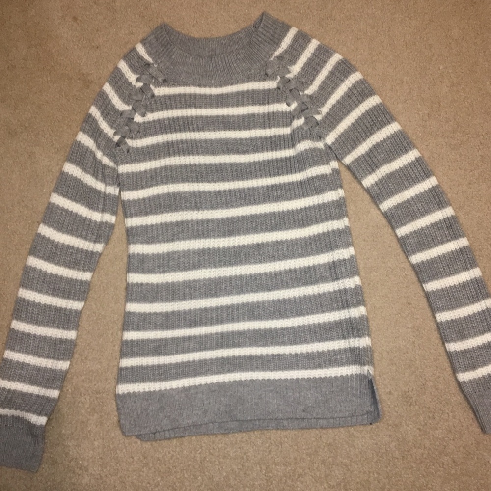 grey and white striped sweater